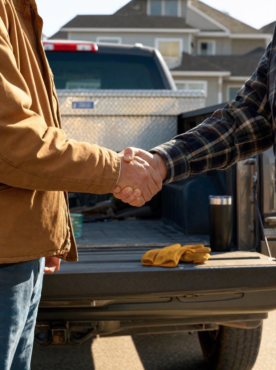 Handshake at a truck tailgate in morning light